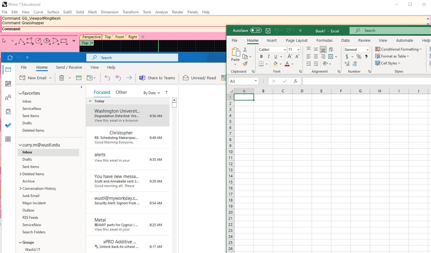 Rhino 3D in the background, Outlook in the middle on top of Rhino, Excel open on the right side